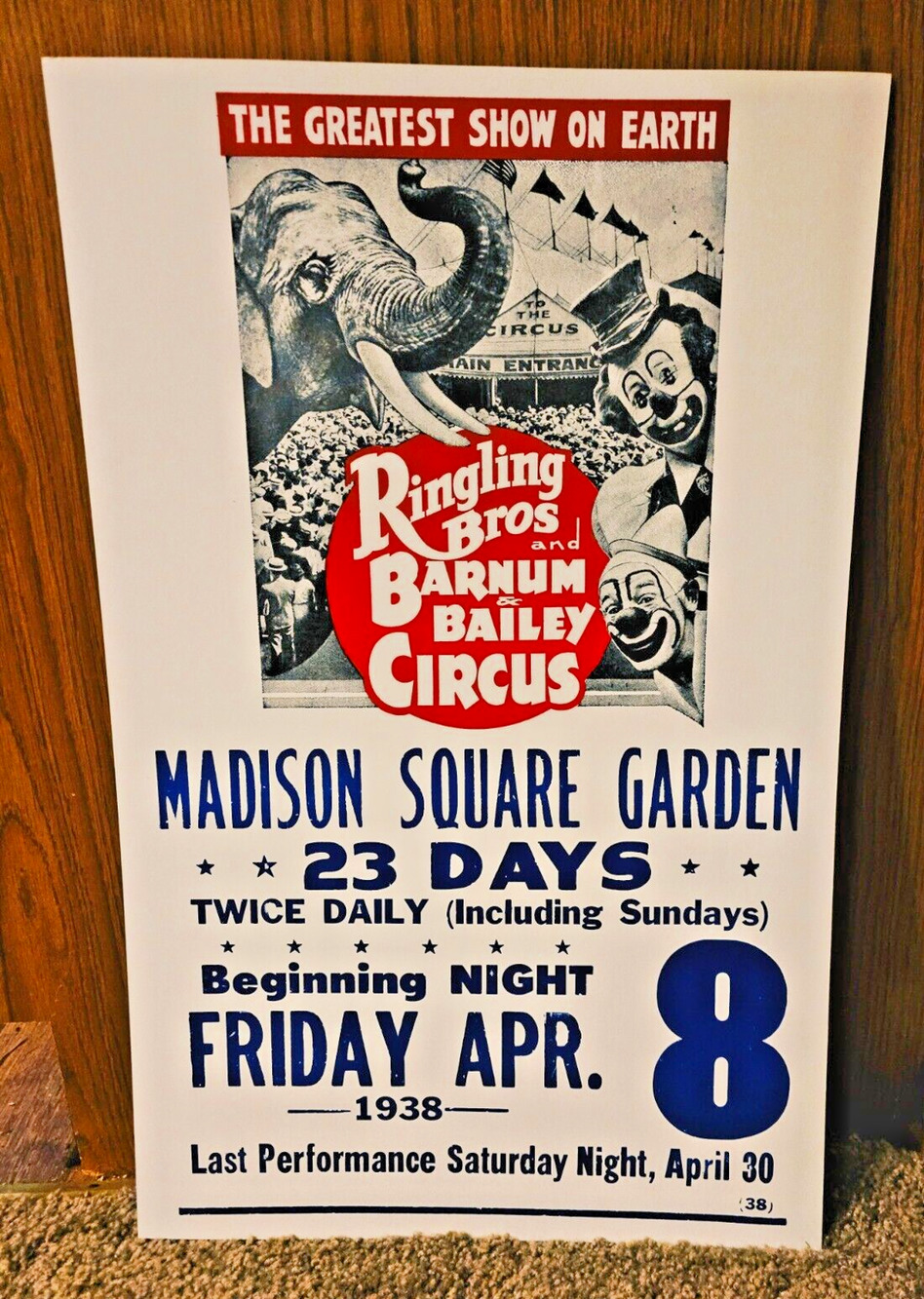 Vintage 1938 Poster Ringling Bros. & Barnum Bailey Circus Madison Square Gardens
